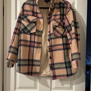 Lulu's Plaid Teddy Jacket in Pink and green